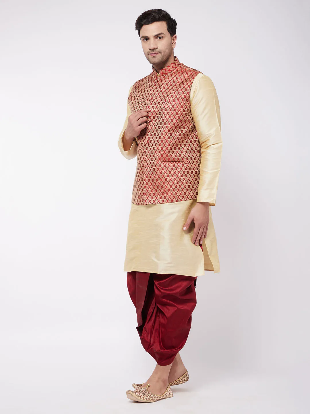 Men's Gold And Maroon Silk Blend Jacket, Kurta And Dhoti Set - Vastramay