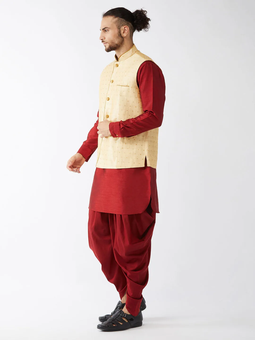 Men's Maroon And Gold Silk Blend Jacket, Kurta And Dhoti Set - Vastramay
