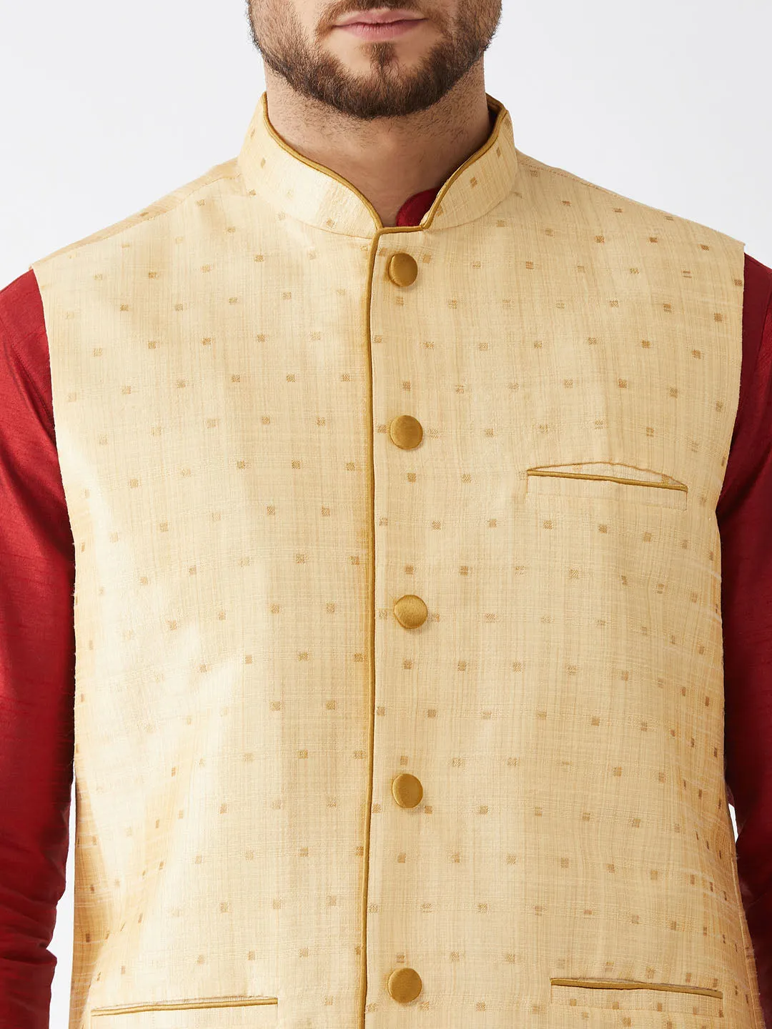 Men's Maroon And Gold Silk Blend Jacket, Kurta And Dhoti Set - Vastramay