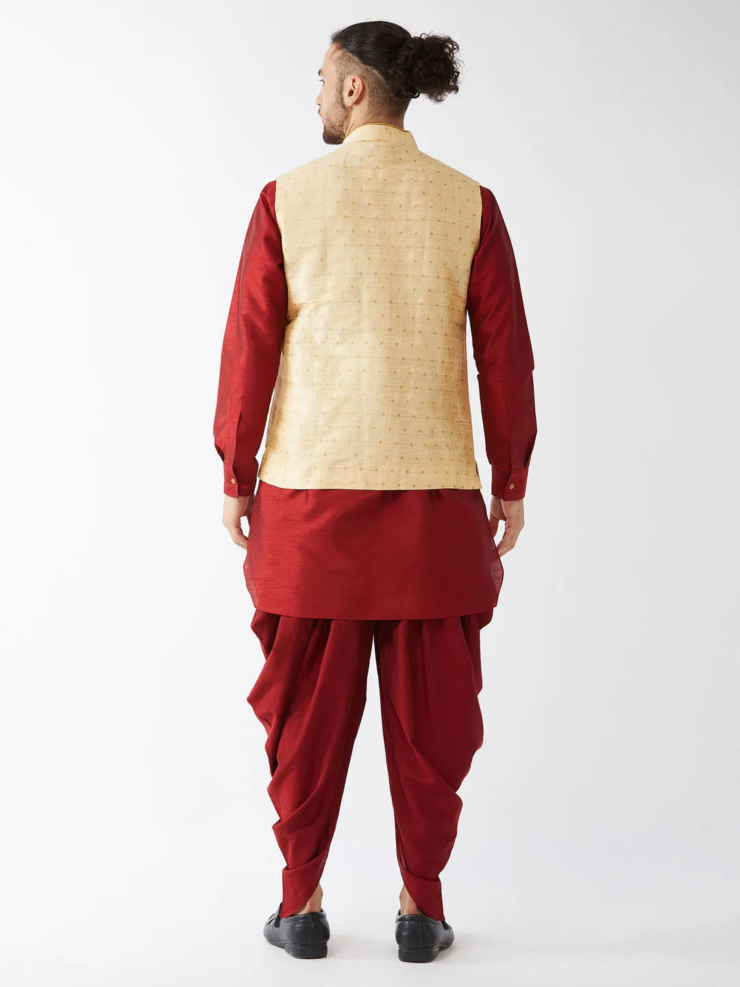 Men's Maroon And Gold Silk Blend Jacket, Kurta And Dhoti Set - Vastramay