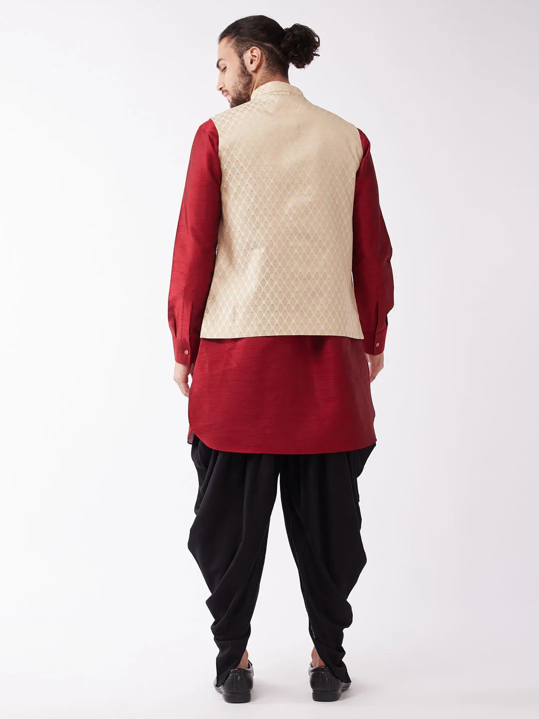 Men's Maroon, Cream And Black Silk Blend Jacket, Kurta And Dhoti Set - Vastramay