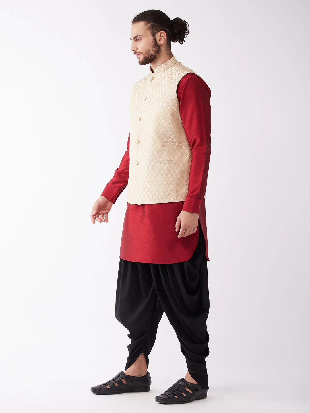 Men's Maroon, Cream And Black Silk Blend Jacket, Kurta And Dhoti Set - Vastramay
