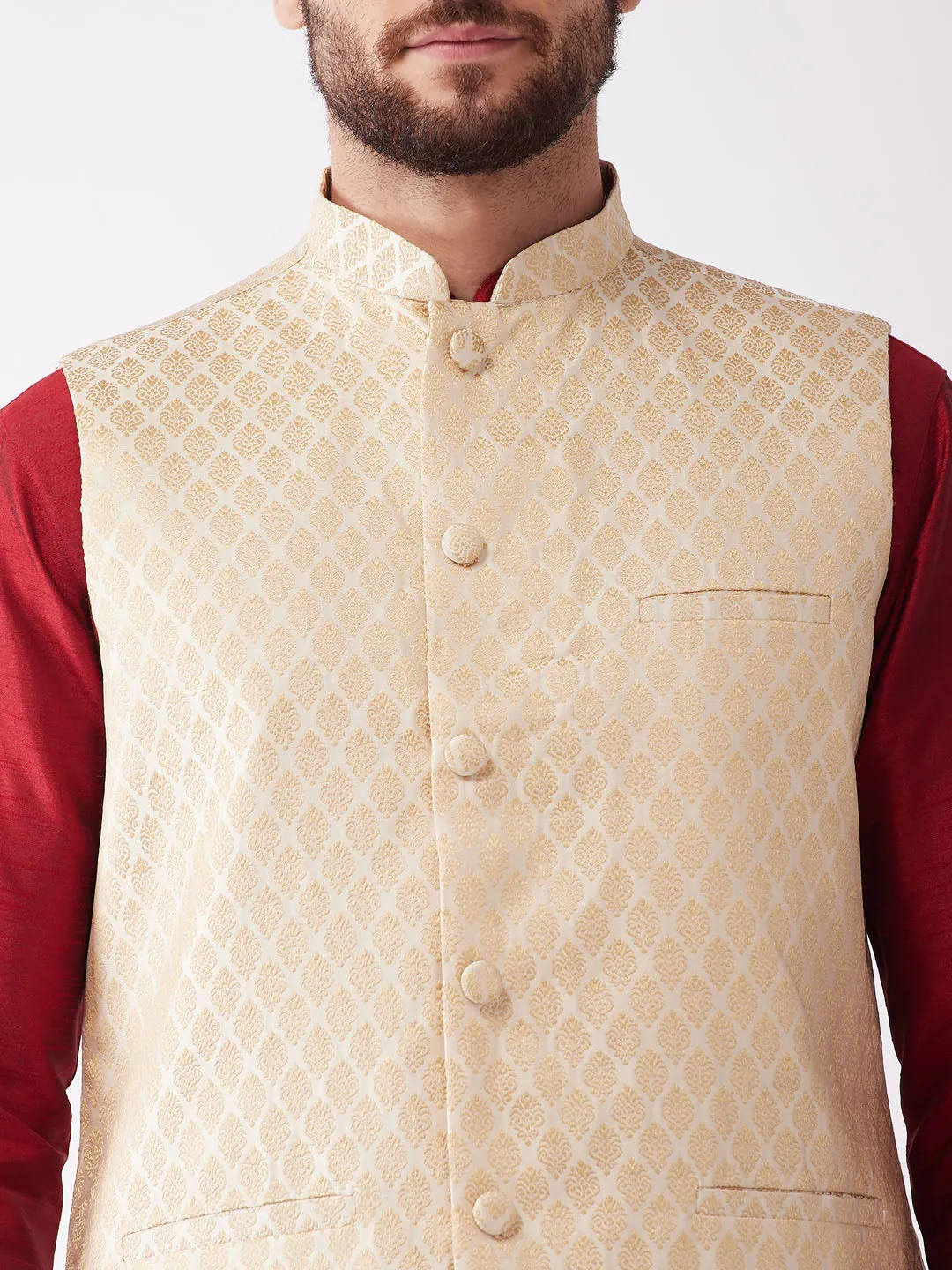 Men's Maroon, Cream And Black Silk Blend Jacket, Kurta And Dhoti Set - Vastramay