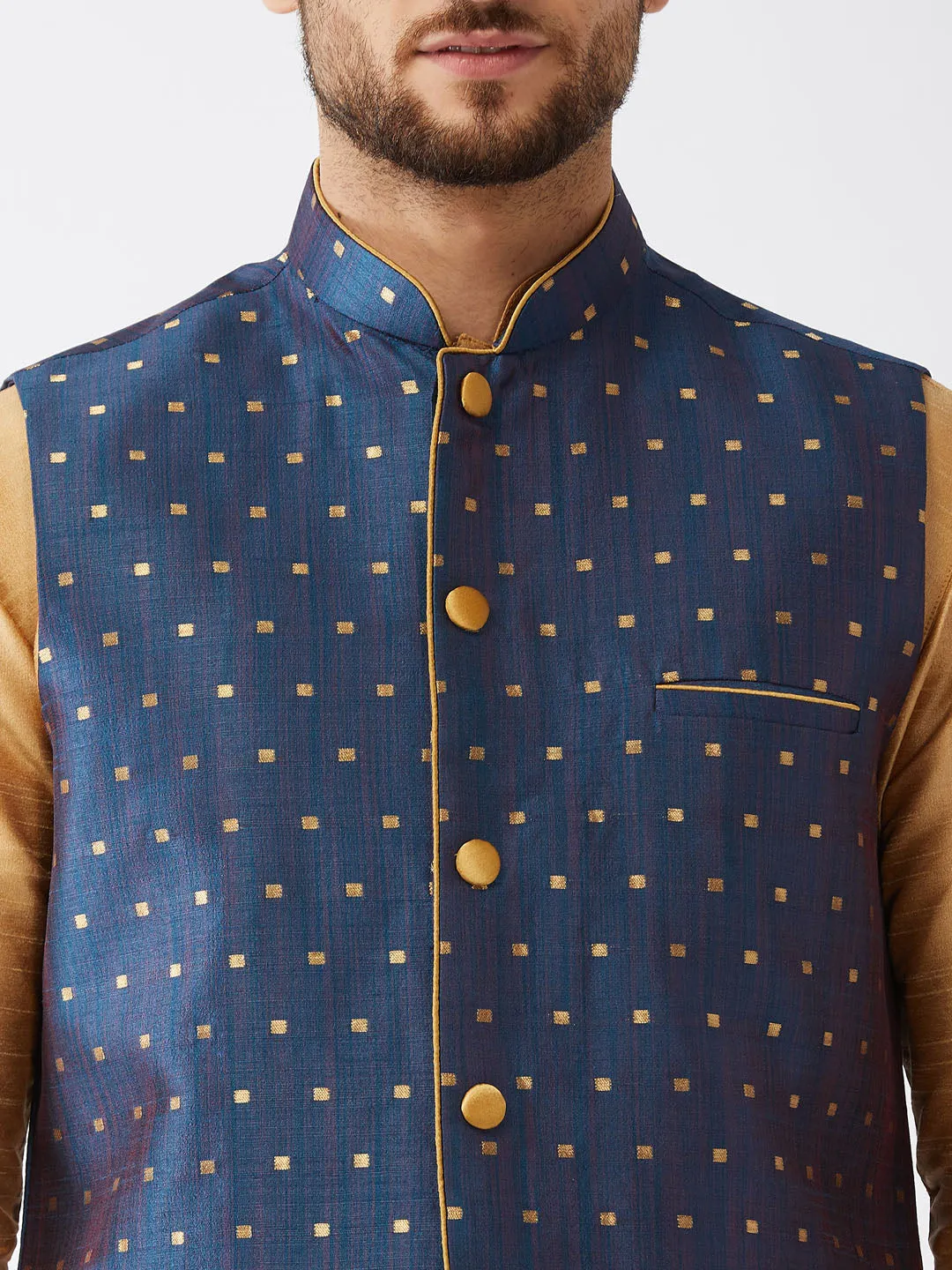 Men's Rose Gold And Blue Silk Blend Jacket, Kurta And Dhoti Set - Vastramay