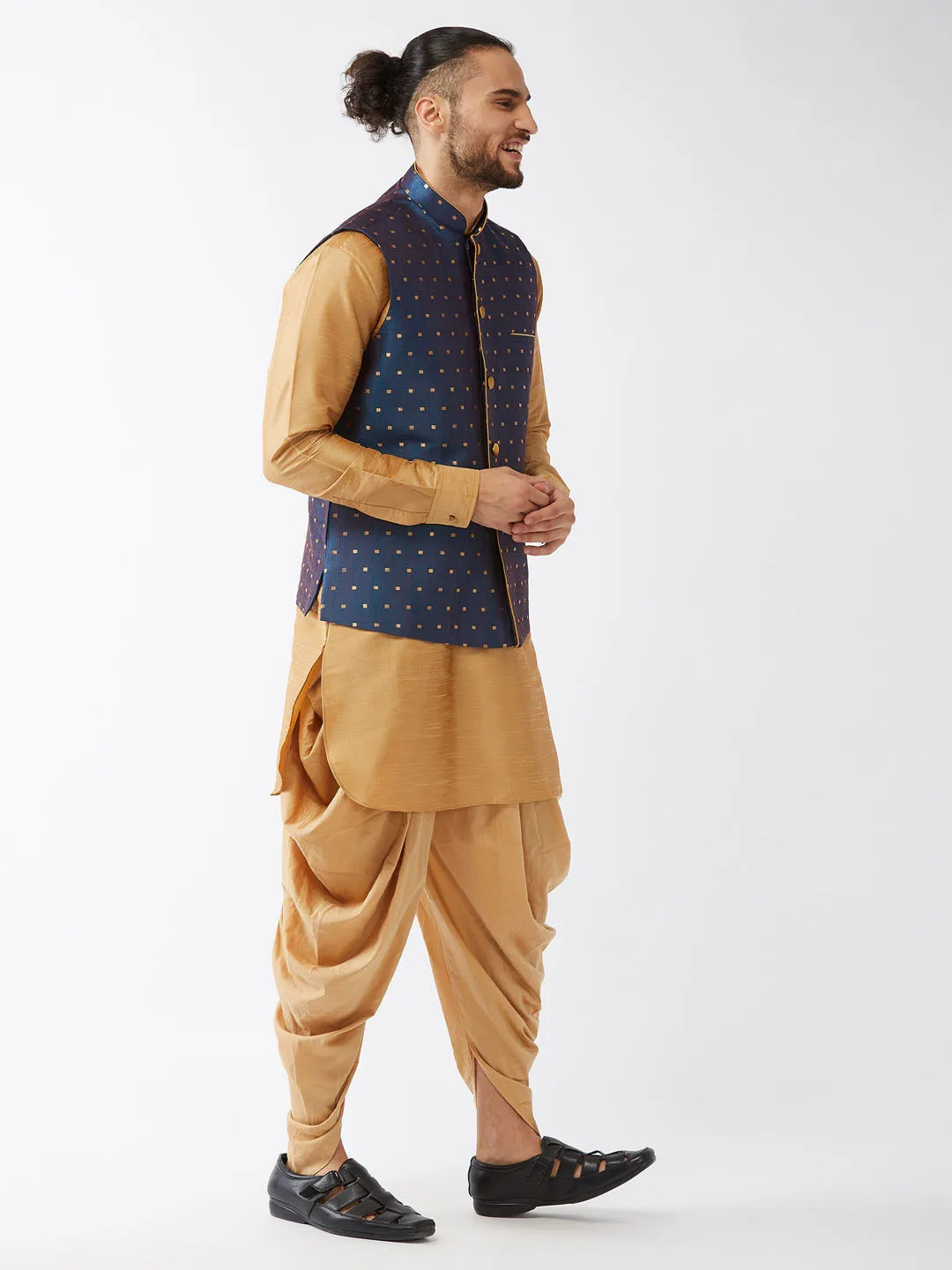 Men's Rose Gold And Blue Silk Blend Jacket, Kurta And Dhoti Set - Vastramay