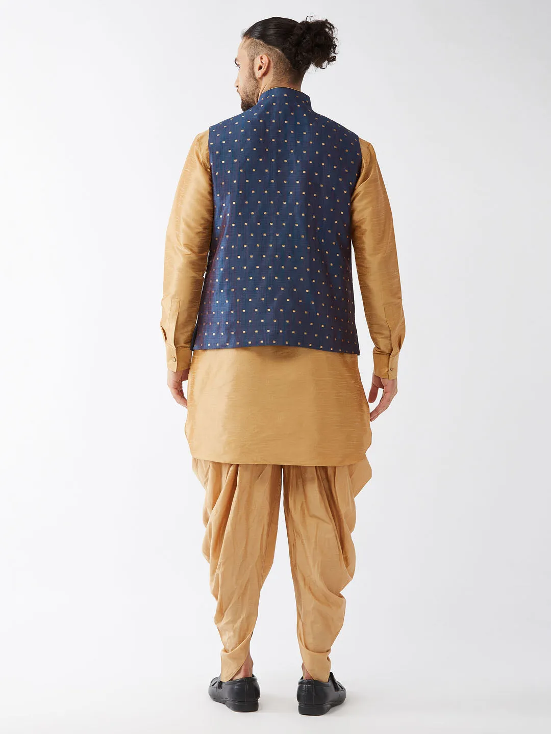Men's Rose Gold And Blue Silk Blend Jacket, Kurta And Dhoti Set - Vastramay