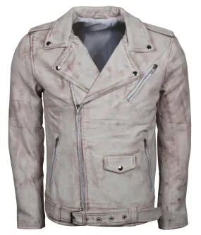 Men's White Classic Rocker Waxed Genuine Leather Motorcycle Jacket