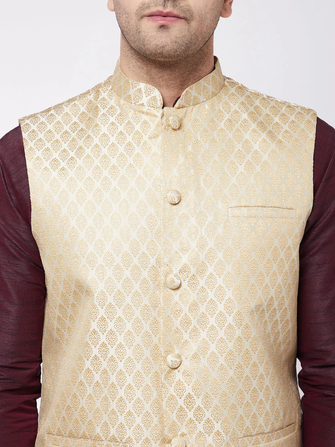 Men's Wine, Cream And Black Silk Blend Jacket, Kurta And Dhoti Set - Vastramay
