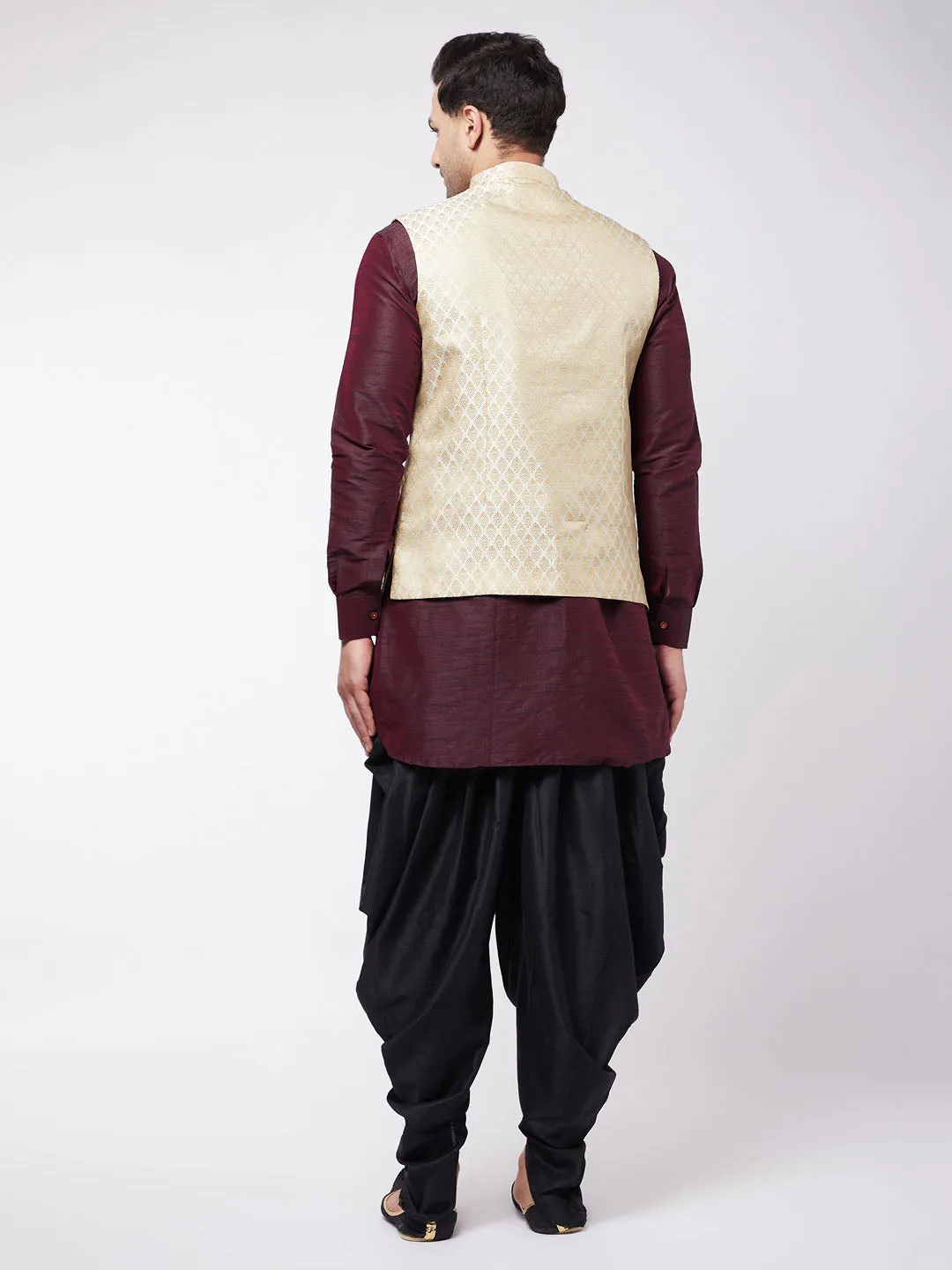 Men's Wine, Cream And Black Silk Blend Jacket, Kurta And Dhoti Set - Vastramay