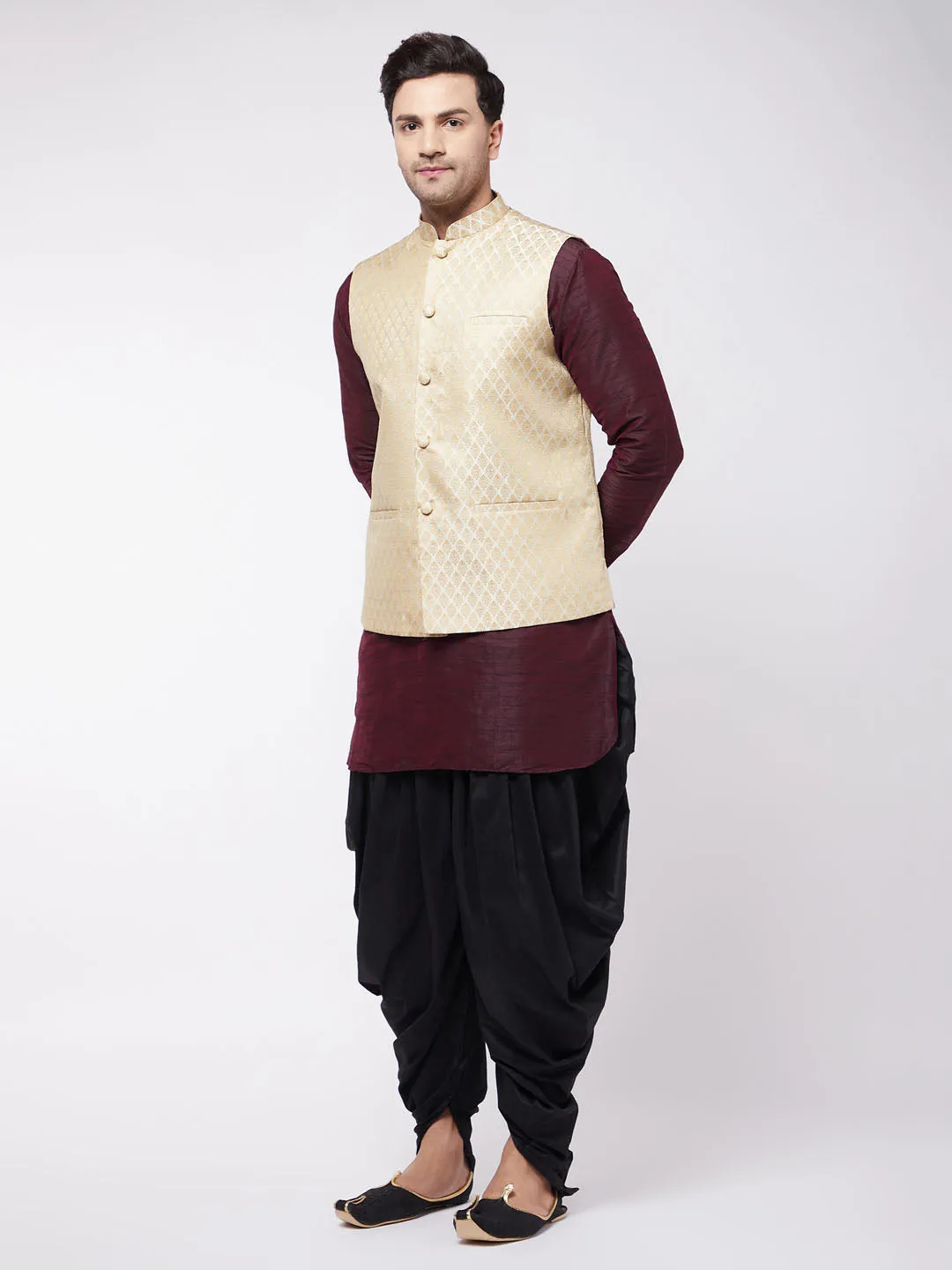 Men's Wine, Cream And Black Silk Blend Jacket, Kurta And Dhoti Set - Vastramay