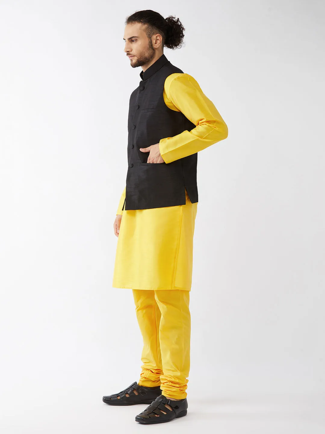 Men's Yellow And Black Silk Blend Jacket, Kurta And Pyjama Set - Vastramay