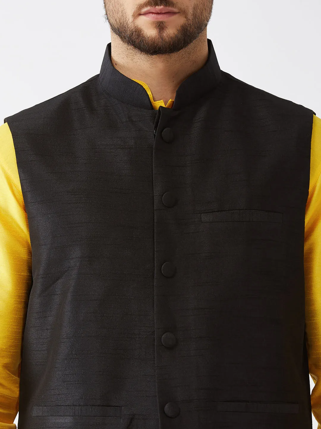 Men's Yellow And Black Silk Blend Jacket, Kurta And Pyjama Set - Vastramay