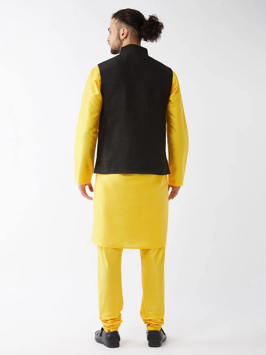 Men's Yellow And Black Silk Blend Jacket, Kurta And Pyjama Set - Vastramay