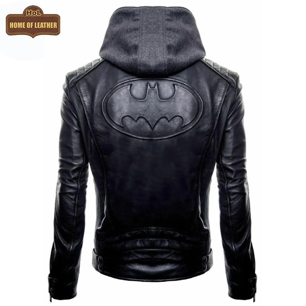 MMJ13 The Dark Knight Hooded Gotham Outlaw Batman Justice League Leather Jacket For Men