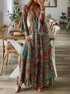Monica – Bohemian Floral V-Neck Maxi Dress