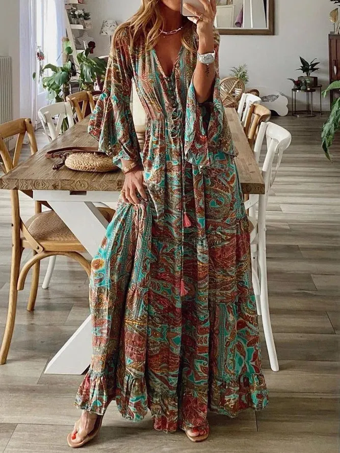 Monica – Bohemian Floral V-Neck Maxi Dress