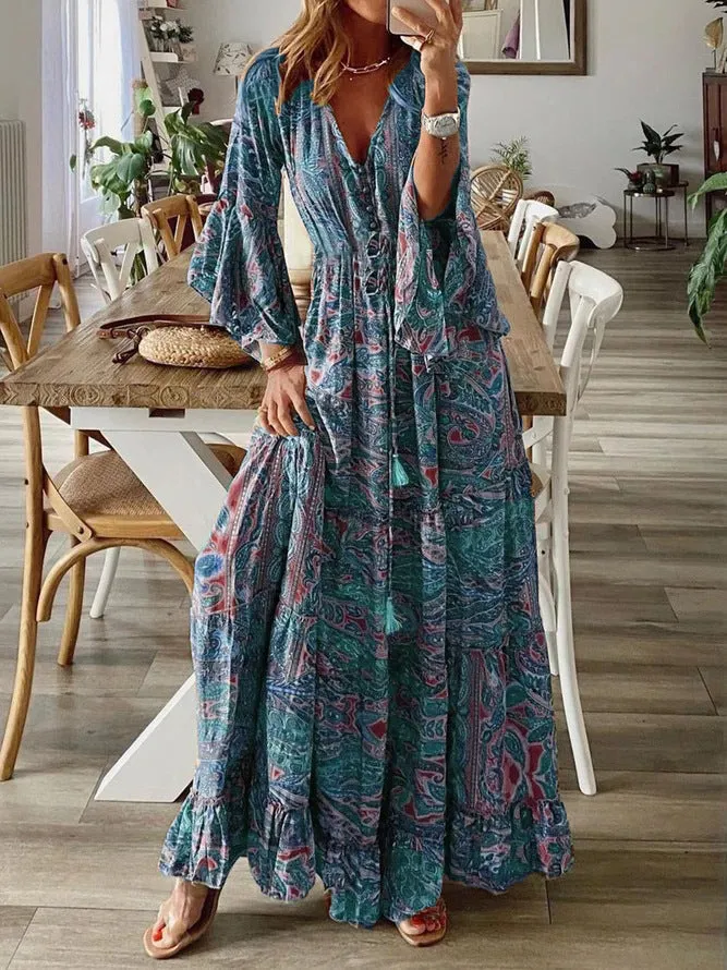 Monica – Bohemian Floral V-Neck Maxi Dress