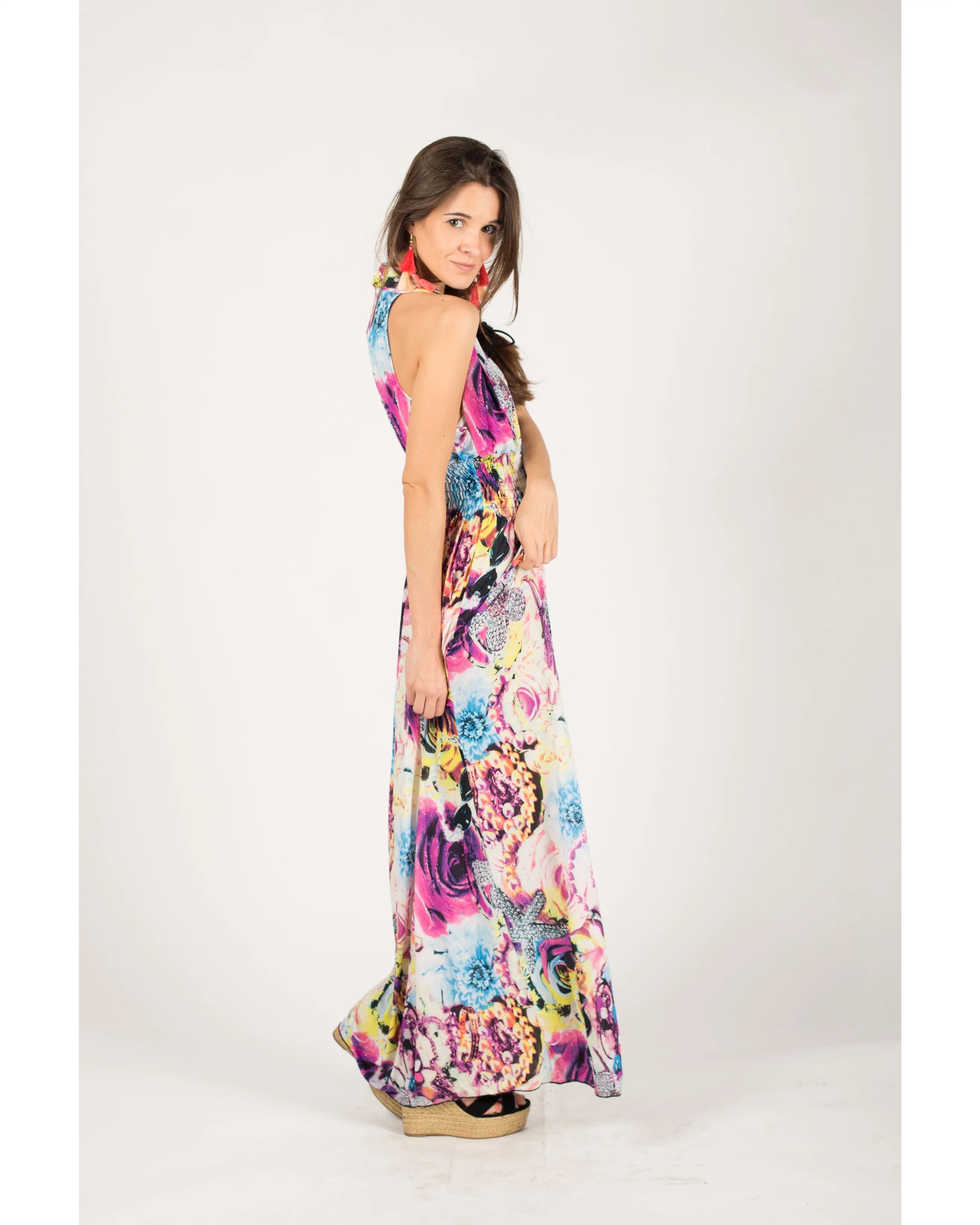 Multi Color V neck maxi dress (Pink)