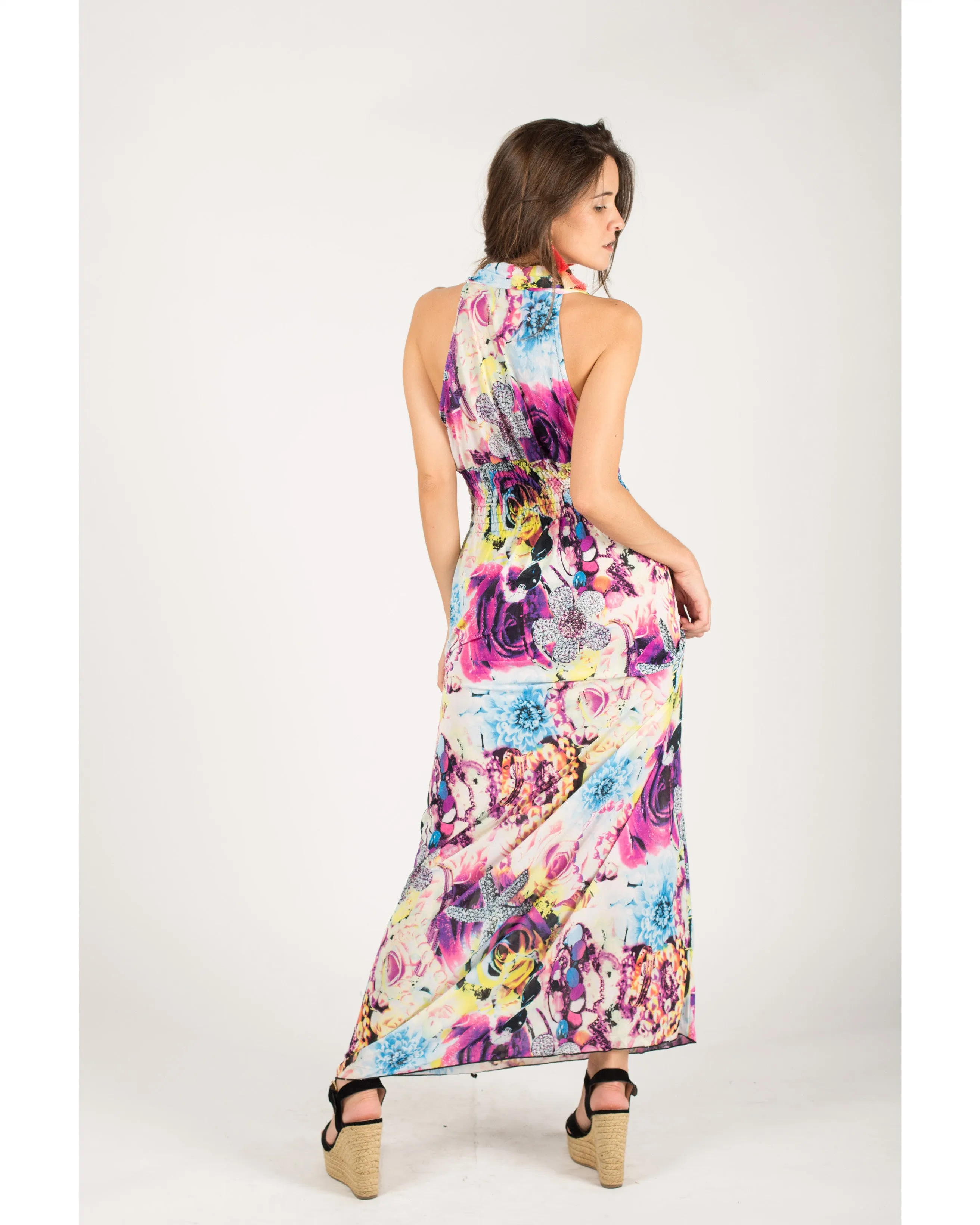 Multi Color V neck maxi dress (Pink)
