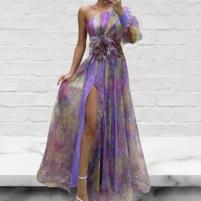 Oblique Shoulder Long Slit Maxi Dress