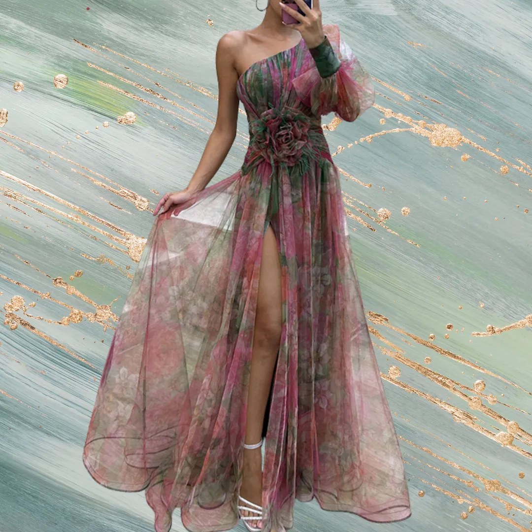 Oblique Shoulder Long Slit Maxi Dress