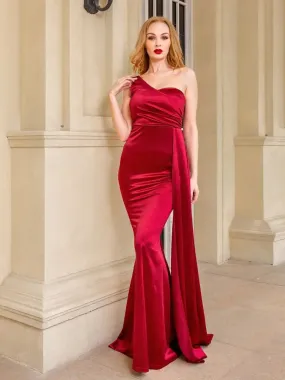 One Shoulder Padded Satin Maxi Dress
