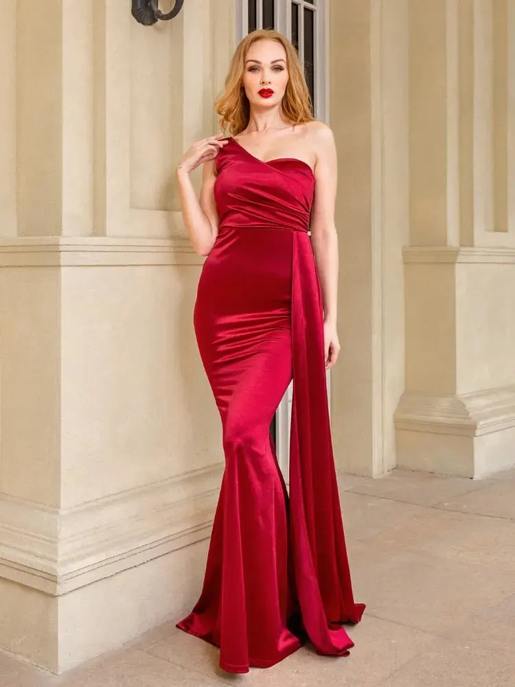 One Shoulder Padded Satin Maxi Dress