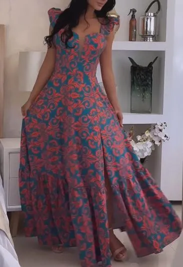 Orange Print Blue Sleeveless Maxi Dress