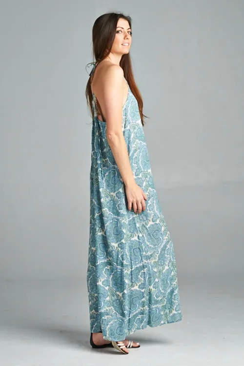 Paisley Print Sleeveless Crochet Back Maxi Dress
