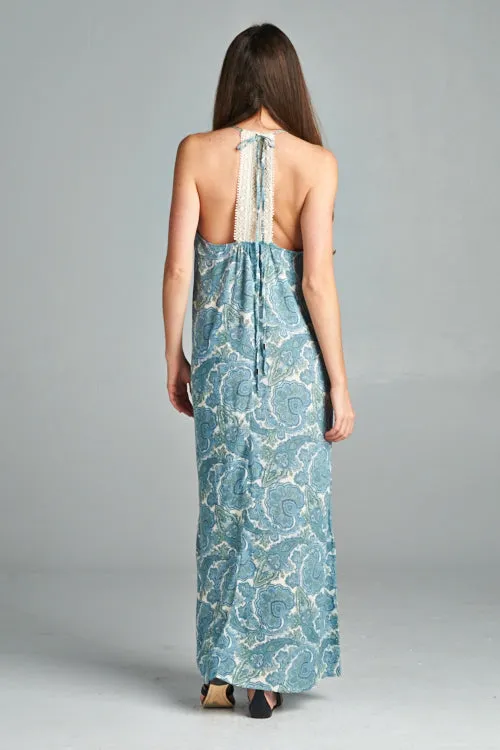 Paisley Print Sleeveless Crochet Back Maxi Dress
