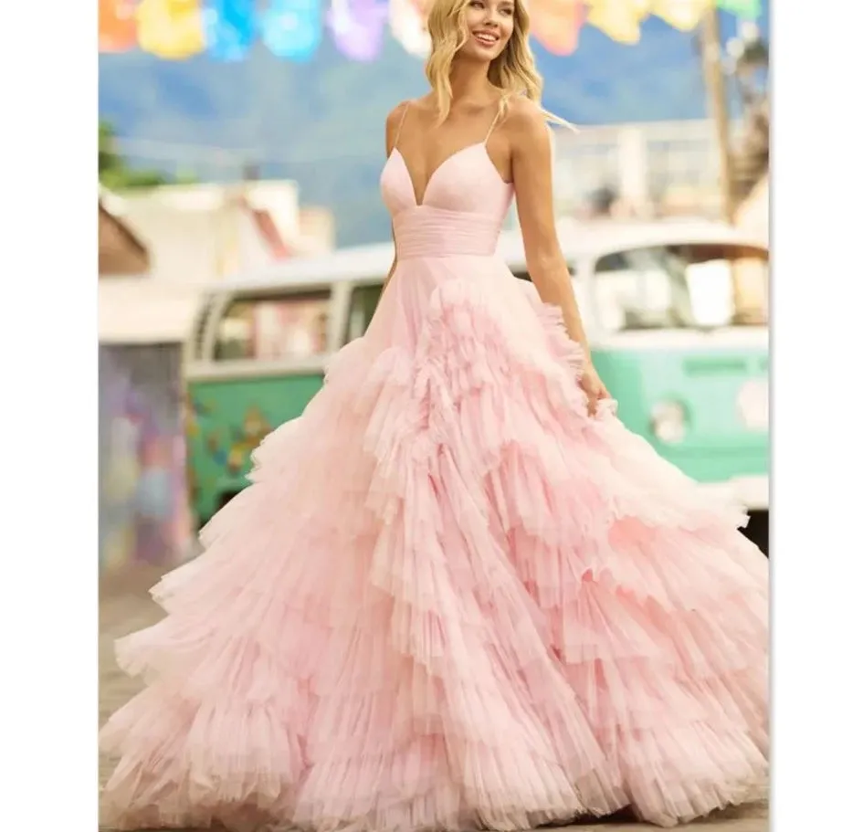 Pink Tulle Fringe Layered Maxi Dress