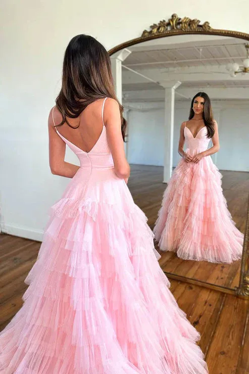 Pink Tulle Fringe Layered Maxi Dress