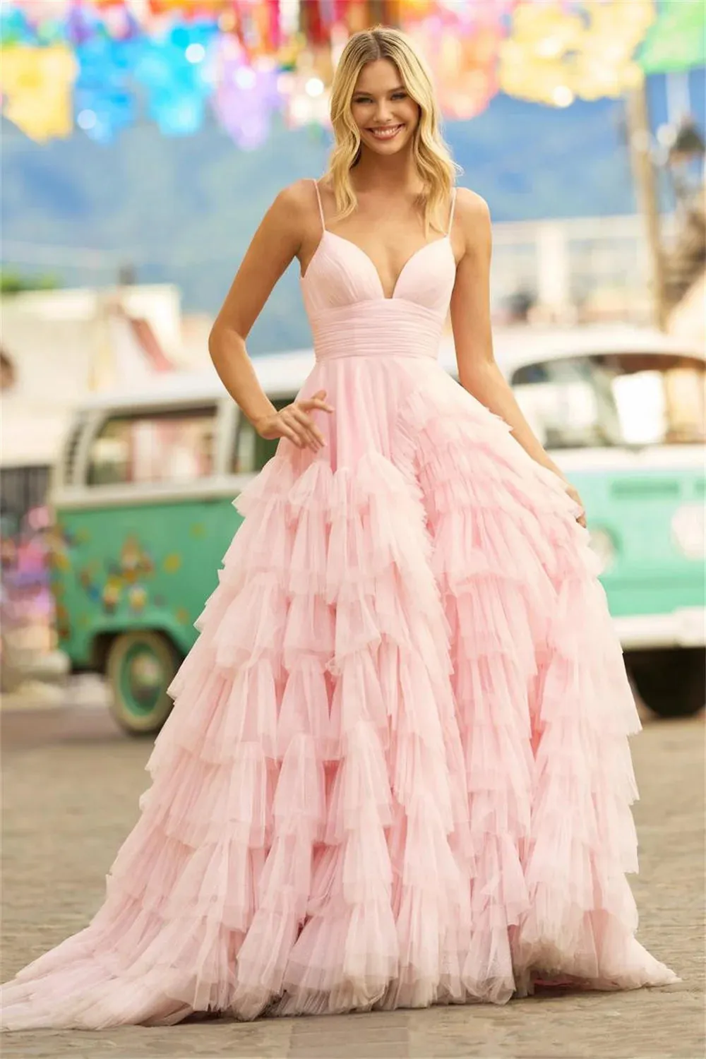 Pink Tulle Fringe Layered Maxi Dress