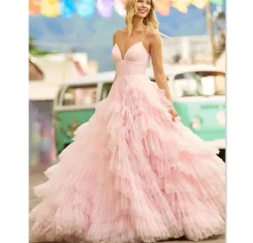 Pink Tulle Fringe Layered Maxi Dress