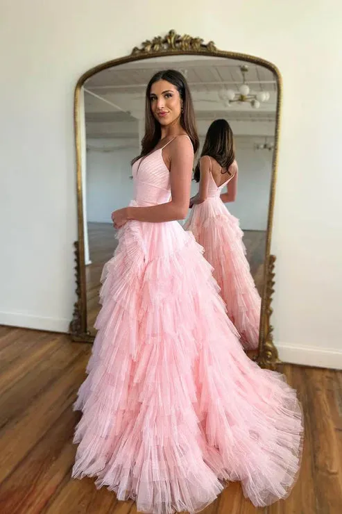 Pink Tulle Fringe Layered Maxi Dress