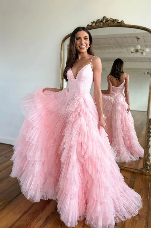 Pink Tulle Fringe Layered Maxi Dress