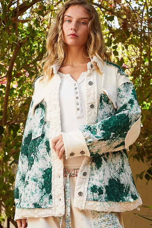 POL Clothing Jacquard Patch Collared Neck Quilted Womens Jacket