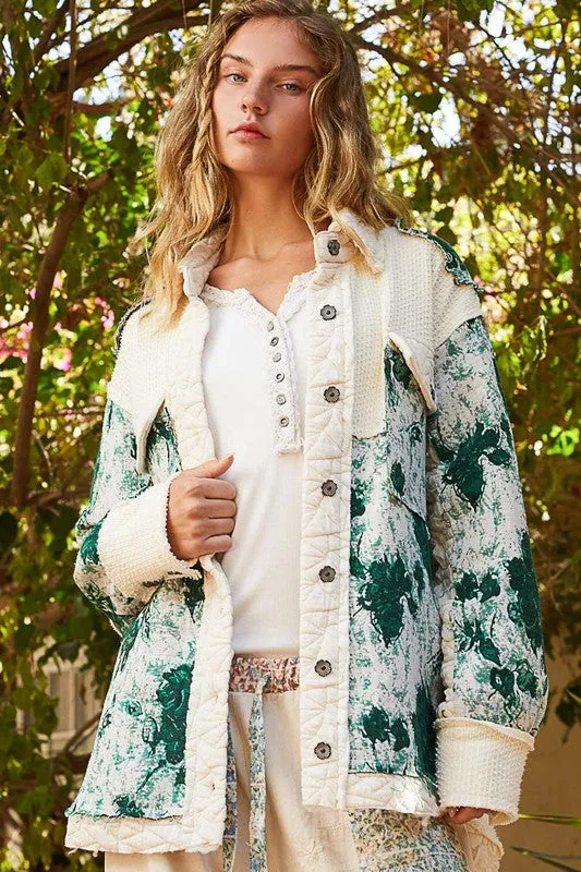 POL Clothing Jacquard Patch Collared Neck Quilted Womens Jacket