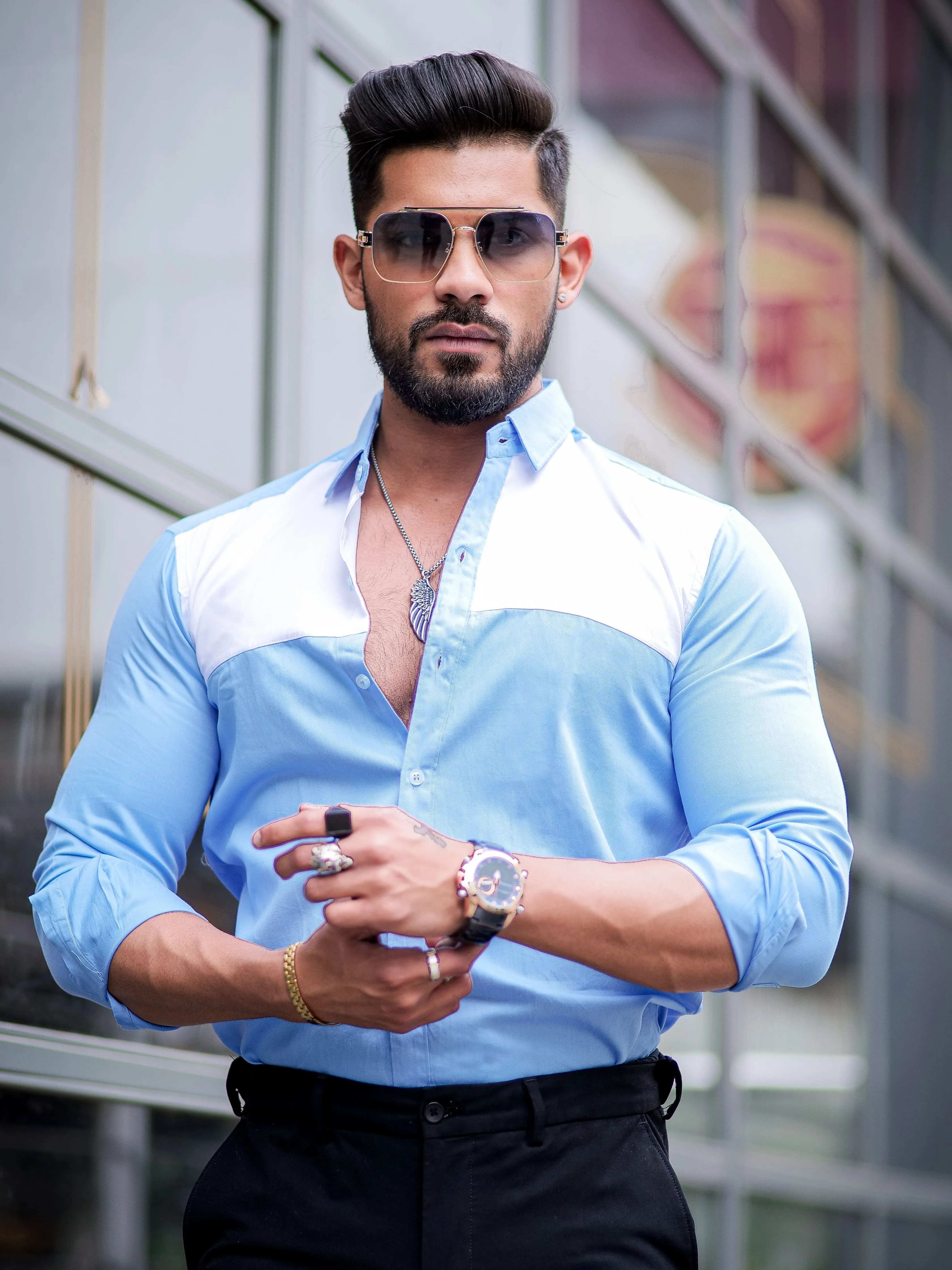 Powder Blue Cut n Sew Cotton Shirt