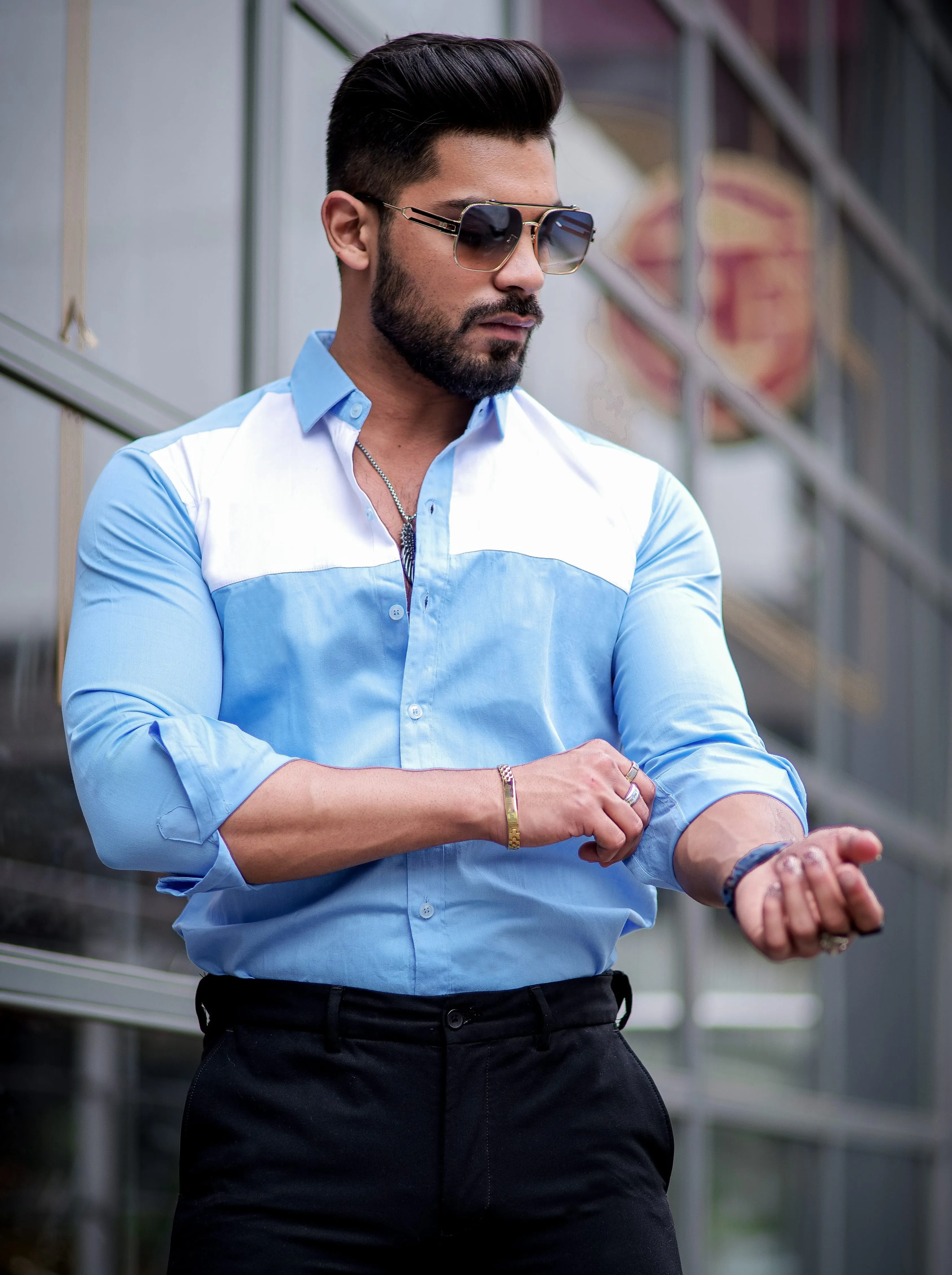 Powder Blue Cut n Sew Cotton Shirt