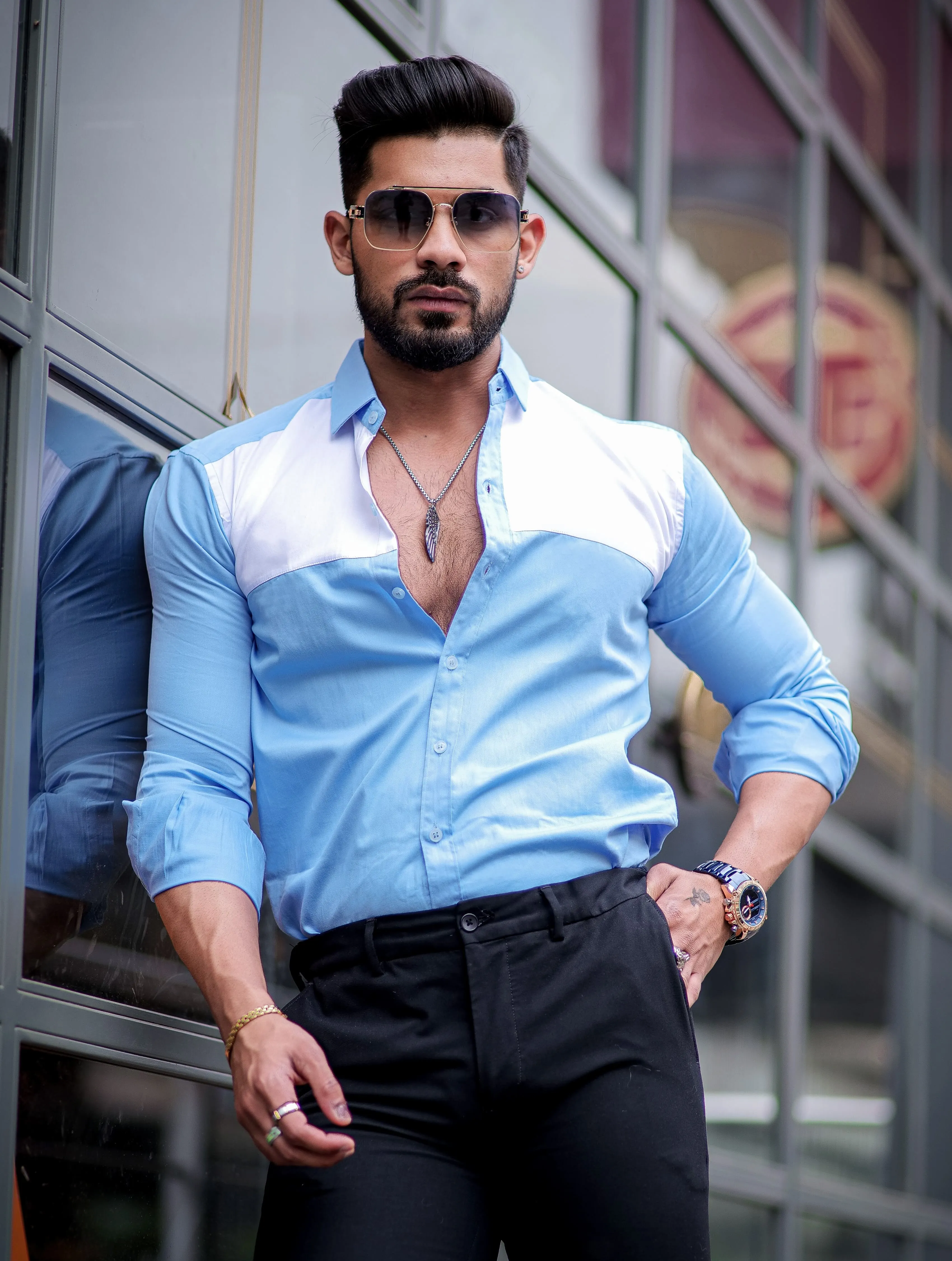 Powder Blue Cut n Sew Cotton Shirt