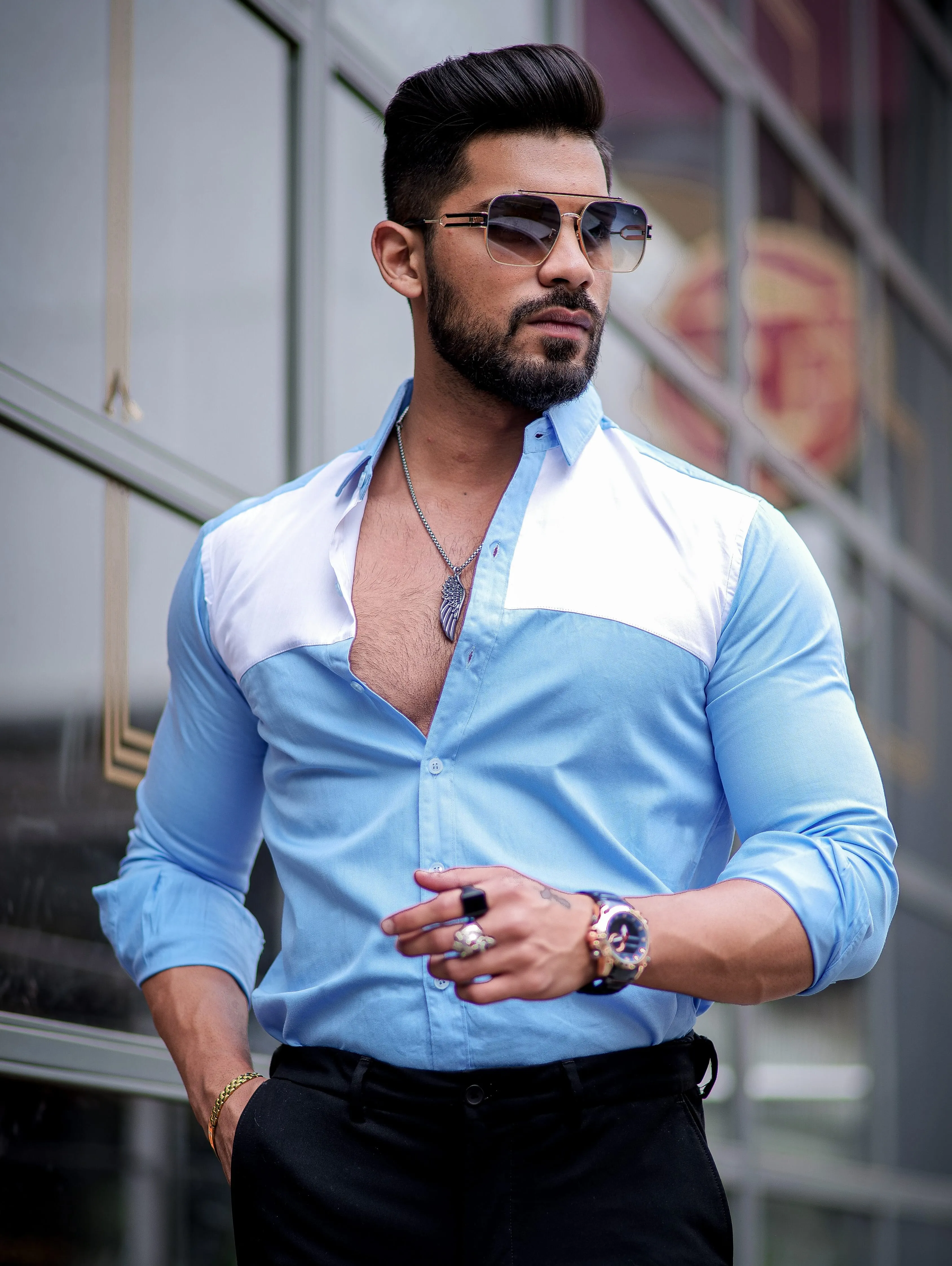 Powder Blue Cut n Sew Cotton Shirt