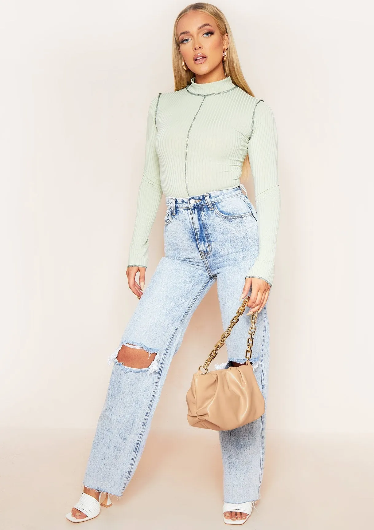 Ria Sage Contrast Stitch High Neck Bodysuit