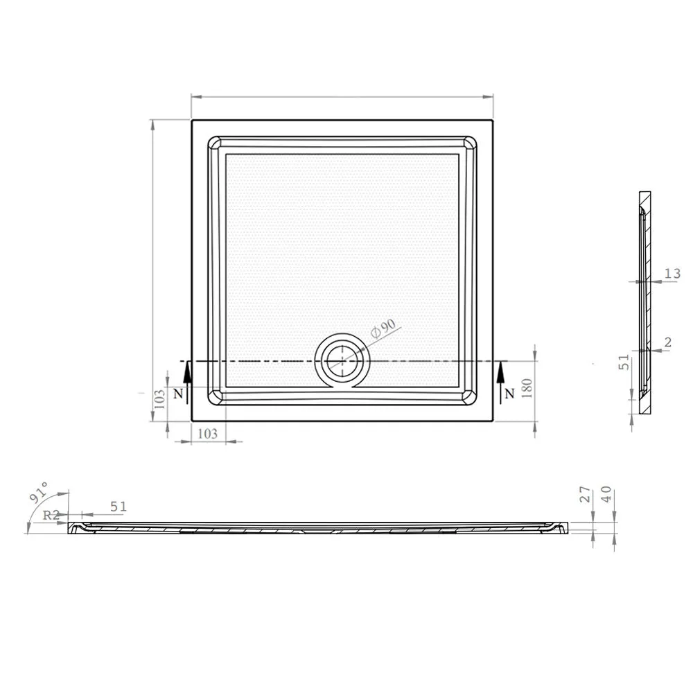 Roman Stone Solid Surface Anti Slip Shower Tray - 700 x 700 x 40mm