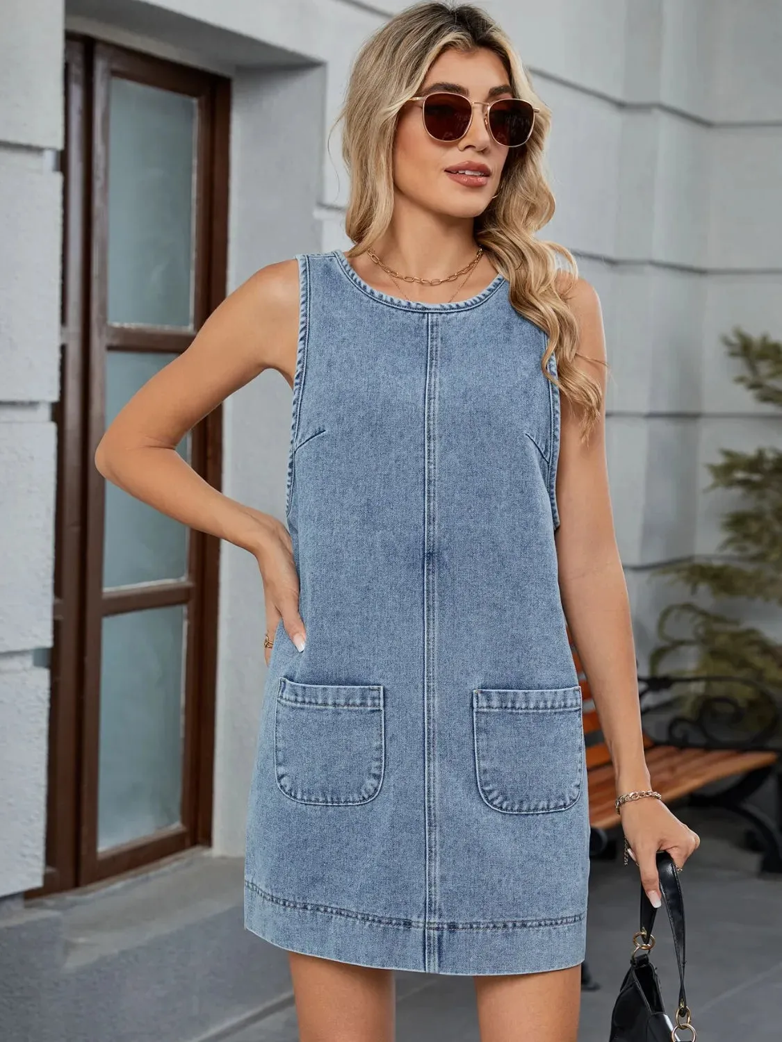 Round Neck Denim Overall Dress