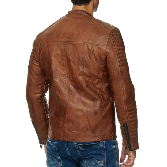 Samy Real Leather Jacket Men Brown Biker Motorcycle Genuine