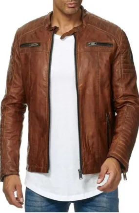 Samy Real Leather Jacket Men Brown Biker Motorcycle Genuine