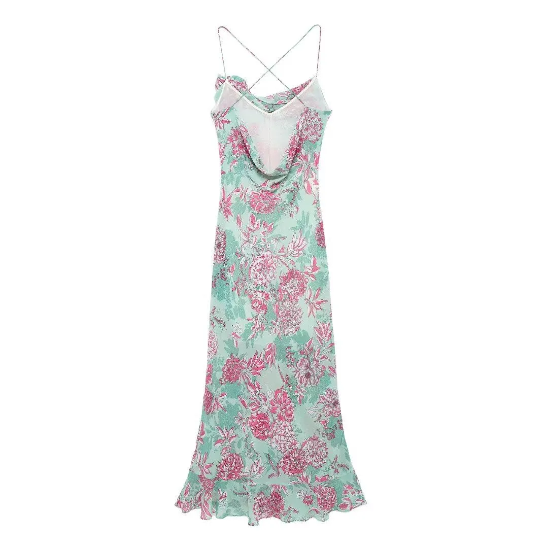 Spaghetti Strap Rosette Print Maxi Dress