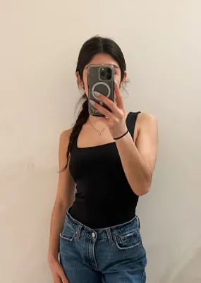 Square Neck Basic Knit Bodysuit, Black