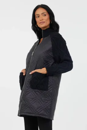 Tabitha Quilted Knitted Sleeve Long Jacket | Black